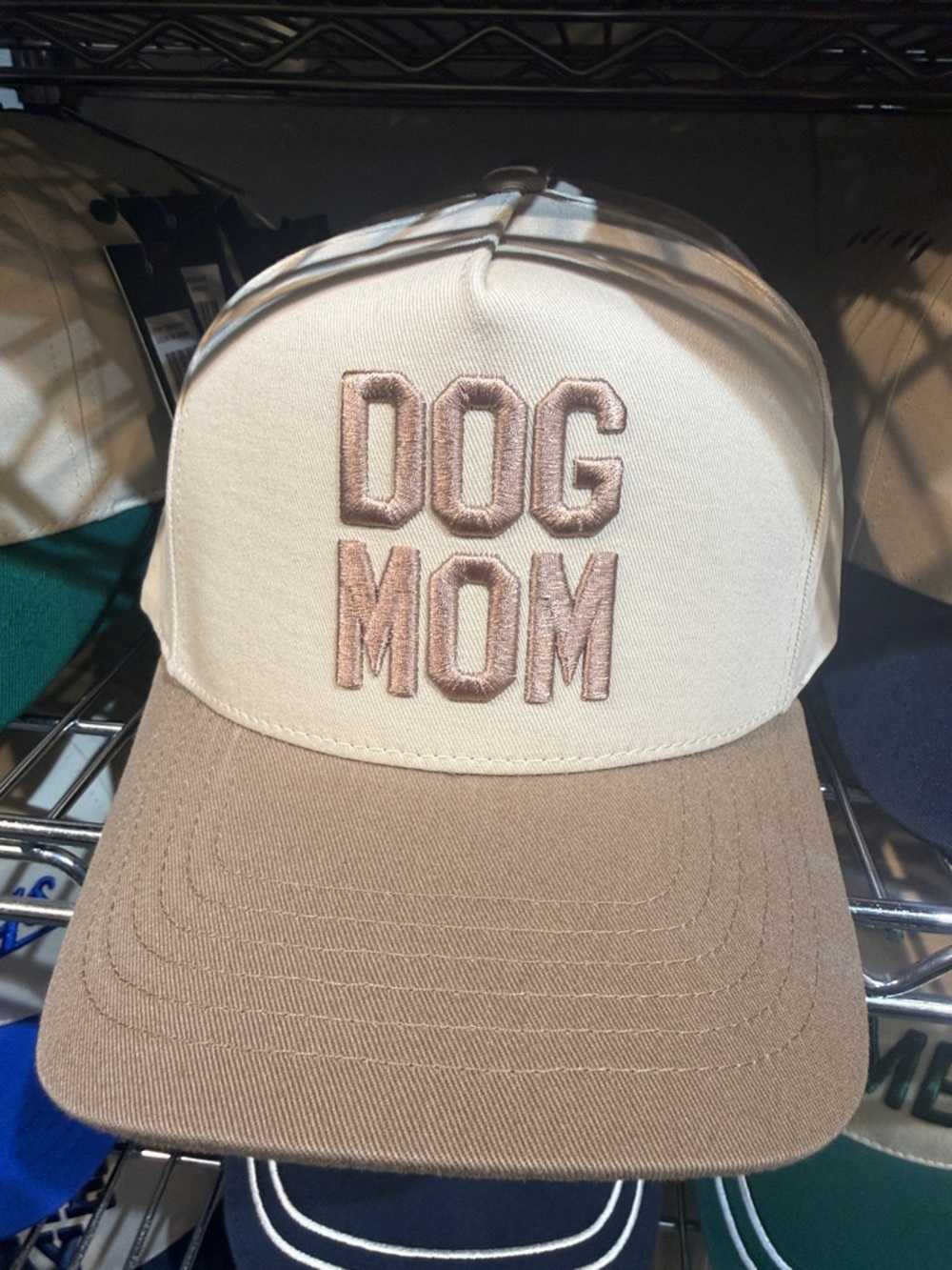 Dog Mom Embroidered Trucker Hat - Taupe and Cream